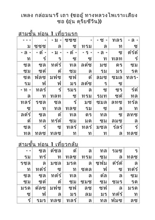 เพลง กล่อมนารี เถา (ซออู้ ทางหลวงไพเราะเสียง
ซอ (อุ่น ดุริยชีวิน))
สามชั้น ท่อน 1 เที่ยวแรก
- - -
ม
-
ซซซ
- ม -
ล
ซซซ
ซ
-
ทรม
- ซ -
ล
ทลร
ท
- ล -
ซ
- ล -
ท
- ดํ -
รํ
- ม -
ร
- ดํ -
ซ
- ร -
ซ
- ล -
ท
ซ
ทลท
ดํรํดํ
รํ
ซล
ซม
ซล
ซดํ
ทดํรํ
ดํ
ทล
ซม
ลดํซ
ล
มซ
รม
ดร
มร
ซม
รด
ซด
รม
ฟลซ
ฟ
มฟซ
ฟ
ซฟ
มร
ดํ
ลดํซ
ลมซ
ร
ซมล
ซ
ทลร-
- ท -
ล
ทลรํ
ท
รํ
ทลท
รมร
ซ
ล
ทรม
ซ
รมท
ซร
ซดํ
รํดํ
ทล
ทลรํ
ซ
รซล
ท
ซล
ทล
รํ
ทลซ
มซ
รม
ซมล
ซ
ลทซ
ล
ทรํล
ท
ลดํรํ
ดํ
ซล
ทล
ดํ
ทรํดํ
ทล
ซม
ดร
มด
ทล
ซม
ซ
ลมซ
ลทซ
ล
ซล
ทล
รํ
ทลซ
ซ
ทลซ
ทลรํ
ท
ทลรํ
ท
มซล
ท
รํลรํ
ล
รํ
ทลซ
สามชั้น ท่อน 1 เที่ยวกลับ
- -
รม
ซล
ทรํ
ดํซล
ท
ดํ
ทลซ
ล
ทรม
ทล
ซม
รมซ
ล
ร
ทลซ
รซล
ท
ล
ทดํรํ
มซล
ซ
มรด
ท
ล
ซดล
ซฟม
ฟ
ดํรํดํ
ซ
ล
ทดํรํ
ซล
ซม
ซล
ซดํ
ทดํรํ
ดํ
ทล
ซม
ล
ซมซ
ดํล
ซม
ล
ซมร
ซม
รด
มรด
ซ
ดํลซ
ฟ
มฟซ
ล
ซฟ
มร
ลซ
ลม
ซฟ
มร
ล
ทดํรํ
มรด
ท
รํ รมร ทลซ ทลรํ ล ทล ฟมซ ลซ
 