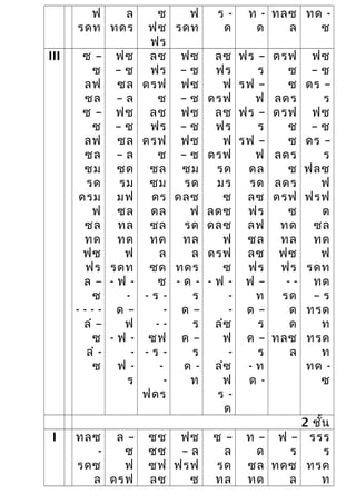 ฟ
รดท
ล
ทดร
ซ
ฟซ
ฟร
ฟ
รดท
ร -
ด
ท -
ด
ทลซ
ล
ทด -
ซ
III ซ –
ซ
ลฟ
ซล
ซ –
ซ
ลฟ
ซล
ซม
รด
ดรม
ฟ
ซล
ทด
ฟซ
ฟร
ล –
ซ
- - - -
ลํ –
ซ
ลํ -
ซ
ฟซ
– ซ
ซล
– ล
ฟซ
– ซ
ซล
– ล
ซด
รม
มฟ
ซล
ทล
ทด
ฟ
รดท
- ฟ -
-
ด –
ฟ
- ฟ -
-
ฟ -
ร
ลซ
ฟร
ดรฟ
ซ
ลซ
ฟร
ดรฟ
ซ
ซล
ซม
ดร
ดล
ซล
ทด
ล
ซด
ซ
- ร -
-
- -
ซฟ
- ร -
-
-
ฟดร
ฟซ
– ซ
ฟซ
– ซ
ฟซ
– ซ
ฟซ
– ซ
ซม
รด
ดลซ
ฟ
รด
ทล
ล
ทดร
- ด -
ร
ด –
ร
ด –
ร
ด -
ท
ลซ
ฟร
ฟ
ดรฟ
ลซ
ฟร
ฟ
ดรฟ
รด
มร
ซ
ลดซ
ดลซ
ฟ
ดรฟ
ซ
- ฟ -
-
-
ลํซ
ฟ
-
ลํซ
ฟ
ร -
ด
ฟร –
ร
รฟ –
ฟ
ฟร –
ร
รฟ –
ฟ
ดล
รด
ลซ
ฟร
ลฟ
ซล
ลซ
ฟร
ฟ –
ท
ด –
ร
ด –
ร
- ท
ด -
ดรฟ
ซ
ซ
ลดร
ดรฟ
ซ
ซ
ลดร
ซ
ลดร
ดรฟ
ซ
ทด
ทล
ฟซ
ฟร
- -
รด
ด
ด
ทลซ
ล
ฟซ
– ซ
ดร –
ร
ฟซ
– ซ
ดร –
ร
ฟลซ
ฟ
ฟรฟ
ด
ซล
ทด
ฟ
รดท
ทด
– ร
ทรด
ท
ทรด
ท
ทด -
ซ
2 ชั้น
I ทลซ
-
รดซ
ล
ล –
ซ
ฟ
ดรฟ
ซซ
ซซ
ซฟ
ลซ
ฟซ
– ล
ฟรฟ
ซ
ซ –
ล
รด
ทล
ท –
ด
ซล
ทด
ฟ –
ร
ทดซ
ล
รรร
ร
ทรด
ท
 