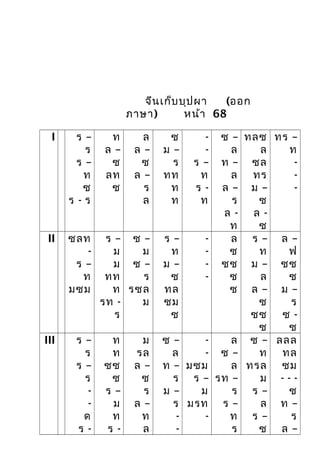 จีนเก็บบุปผา (ออก
ภาษา) หน้า 68
I ร –
ร
ร –
ท
ซ
ร - ร
ท
ล –
ซ
ลท
ซ
ล
ล –
ซ
ล –
ร
ล
ซ
ม –
ร
ทท
ท
ท
-
-
ร –
ท
ร -
ท
ซ –
ล
ท –
ล
ล –
ร
ล -
ท
ทลซ
ล
ซล
ทร
ม –
ซ
ล -
ซ
ทร –
ท
-
-
-
II ซลท
-
ร –
ท
มซม
ร –
ม
ม
ทท
ท
รท -
ร
ซ –
ม
ซ –
ร
รซล
ม
ร –
ท
ม –
ซ
ทล
ซม
ซ
-
-
-
-
ล
ซ
ซซ
ซ
ซ
ร –
ท
ม –
ล
ล –
ซ
ซซ
ซ
ล –
ฟ
ซซ
ซ
ม –
ร
ซ -
ซ
III ร –
ร
ร –
ร
-
-
ด
ร -
ท
ท
ซซ
ซ
ร –
ม
ท
ร -
ม
รล
ล –
ซ
ร
ล –
ท
ล
ซ –
ล
ท –
ร
ม –
ร
-
-
-
-
มซม
ร –
ม
มรท
-
ล
ซ –
ล
รท –
ร
ร –
ท
ร
ซ –
ท
ทรล
ม
ร –
ล
ร –
ซ
ลลล
ทล
ซม
- - -
ซ
ท –
ร
ล –
 