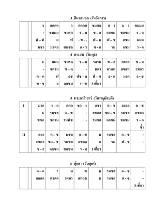 3 สีนวลนอก (วันอังคำร)
ล
-
ฟ – ฟ
มซร
ดดดด
ซมมม
ม
มรดล
ร
ซมรด
ฟ
ซมซล
ดดดด
ร – ม
- ซ - -
ด - ร
ซมซล
ซ – ล
ฟ – ม
ซ - ด
ด – ร
ดลซม
ฟ – ซ
รม
ม – ร
ซลซม
ลซม
ลซม
ซมมม
ร – ด
มมม
ร - ด
4 สระสม (วันพุธ)
ม
-
ด – ด
ซ - ซ
มมม
ซดรม
ฟ
ล
ซมรด
ซ – ด
ลซ
ดลซม
ร – ม
-
ฟซ – ล
ร - ซ
รดรม
ทดร
ฟ – ซ
3 เที่ยว
ซ – ล
มรดท
ล - ด
ดรดล
ลซลท
มรด
ซ – ม
ลทดร
ล - ซ
5 พระยำสี่เสำร์ (วันพฤหัสบดี)
I มรด
ม
ซซด
ร – ด
รมซล
ซดรม
ดดด
ด – ซ
รมฟซ
ซด – ร
-
-
มซร
ลซดล
รมซล
ด – ซ
ซม – ซ
ดลซม
ลลลล
รมซล
ซลซม
ด – ซ
ดซลด
ร – ด
ซ้ำ
II ลลล
ลซดล
ซ - ล
ด – ซ
ซม – ซ
ดลซม
มซล
รมซล
ซลซม
ด – ซ
ดซลด
ร - ด
ม
ด
1 เที่ยว
รมซล
รม
ด – ซ
ฟ - ซ
-
-
6 ตุ๊กตำ (วันศุกร์)
ด – ด
ดลดด
ร
ดรดด
ม
รดมร
ซ
ดทลซ
ม
ม
รมซล
รมซล
ด – ซ
ด - ซ
-
-
3 เที่ยว
 