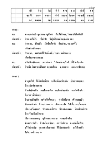 หน้า37
ดํดํ ดํ-ดํ ดํดํ ดํ-ดํ ซ-ซ ล-ล ดํ-ดํ ร-ร
ซลดํรํ ดลดร ซลดร ดรํ-รํ มรดล รํดลซ ดลซฟ ลซมร
ด-ร มซมซ รม ซลซล ดซ ลดลด ซล ดรดร
เพลง1
ท.1 มาจะกล่าวถึงขุนมารชาญศักดา ท้าวให้โกรธ, โกรธาดังไฟกัลป์
เที่ยวกลับ ผีพลอยได้ฟัง ทั้งผีป่ า วิ่งวุ่นไปมาโดนกันดัง แฉะ
ท.2 ว่าเหวย, บ้องตัน มันช่างโอหัง ค้างส่วย, หลายครั้ง,
แล้วทําหน้าแหยะ
เที่ยวกลับ ว่าเหวย, พวกเราได้ฟังท้าวสั่ง รีบมา, พร้อมพรั่ง
เดินก้าวเหยาะแหยะ
ท.3 ตรัสเรียกผีพลาย อย่าถ่ายเท ไปทองส่วยว้าเว้ ที่อ้ายบ้องตัน
เที่ยวกลับ ฝ่ายว่า ผีพลาย ผีโขมด จะกระโดด, ลอดเตาะ ละเมาะป่ าแหะ
เพลง 2
จํากูจะไป ให้มันถึงเรือน จะไปเตือนบ้องตัน มันทําเฉยแฉะ
อ้อ! มันทําเฉยแฉะ
ฝ่ายว่าบ้องตัน พอฝันแลเห็น กระโดดโลดเต้น เอามือตีแปะ
อ้อ! เอามือตีแปะ
สิบสองบ้องตัน เสร็จฝันตื่นนอน พาเมียรีบจร เข้าดงพงป่ า
ถือหอกกํายํา ด้ามยาวสามวา เข้าดงพงป่า ไปเที่ยวหาเนื้อทราย
เสียงนกร้องบอก หัวถลอกเสือขบ บ้องตันแลพบ ร้องเรียกอียาย
อ้อ! ร้องเรียกอีกยาย
เสียงนกบอกเหตุ กูสังเกตมาหลาย คงพบเสือร้าย
มึงจงระวังตัว ถ้ามันโฮกเข้ามา อย่าช้าอียาย จงกอดบั้นท้าย
กูไว้อย่ากลับ กูจะแทงด้วยหอก ให้มันกรอกหัว จะได้เอาตัว
ไปถวายเจ้านาย -/-
 
