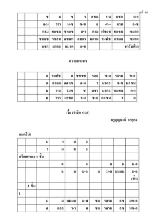 หน้า86
ซ ม ซ ร ลซม ร-ด มซล ด-ร
ด-ม รรร ม-ซ ซ-ซ ล -ท-- มรท ล-ซ
ทรม ทลซม ซทลซ ม-ร ดรม ฟซลซ ทลซม ซมรด
ซทลซ รซลท ลซลท ลทดร มดรม รมฟซ ลซดล ซมรด
มซร มรดล ดมรด ล-ซ (กลับต้น)
ถวายพระพร
ด รมฟซ ล ซซซซ รดล ซ-ม รดรม ซ-ล
ด ลลลล ดลดซ ล-ด ร มรดล ซ-ซ มลซม
ม ร-ม รมซ ซ มซร มรดล ซมซล ด-ร
ม รรร มรซด ร-ม ซ-ล ดลซม ร ด
เงี้ยวรําลึก (เถา)
ครูบุญยงค์ เกตุคง
ดนตรีนํา
ม ร ด ล
ร ม ซ ล
สร้อยเพลง 3 ชั้น
ล ล ล ม ม-ล
ล ม ม-ล ม ม-ล มมมม ม-ล
(ซํ้า)
3 ชั้น
I
ม ม มมมม ม-ม ซม รดรม ลซ มซ-ล
ล ลลล ร-ร ม ซม รดรม ลซ มซ-ล
 