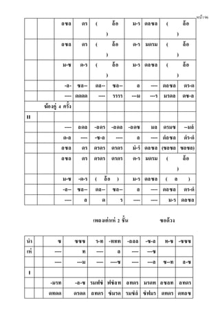 หน้า96
ลซล ดร ( ล้อ
)
ม-ร ดลซล ( ล้อ
)
ลซล ดร ( ล้อ
)
ด-ร มดรม ( ล้อ
)
ม-ซ ด-ร ( ล้อ
)
ม-ร ดลซล ( ล้อ
)
-ล- ซล-- ดล-- ซล-- ล ---- ดลซล ดร-ด
---- ดดดด ---- รรรร ---ม ---ร มรดล ดซ-ล
ฆ้องคู่ 4 ครั้ง
II
---- ลดล -ลดร -ลดล -ลดซ มล ดรมซ --มลํ
ด-ล ---- -ซ-ล ---- ล ---- ดํลซล ดํร-ดํ
ลซล ดร ดรดร ดรดร มํ-รํ ดลซล (ซลซล ซลซล)
ลซล ดร ดรดร ดรดร ด-ร มดรม ( ล้อ
)
ม-ซ -ด-ร ( ล้อ ) ม-ร ดลซล ( ล )
-ล-- ซล-- ดล-- ซล-- ล ---- ดลซล ดร-ดํ
---- ล ด ร ---- ---- ม-ร ดลซล
เพลงเต่าเห่ 2 ชั้น ซอด้วง
นํา ซ ซซซ ร-ท -ททท -ลลล -ซ-ล ท-ซ -ซซซ
เห่ ---- ท ---- ล ---- ---ซ
---- ---ม ---- ----ซ ---- ---ล ซ--ท ล-ซ
I
-มรท -ล-ซ รมฟซํ ฟซํลท ลทดร มรดท ลซลท ลทดร
ดทดด ดรดด ลทดร ซํมรด รมซํลํ ซํฟมร ดทดร ดทลซ
 