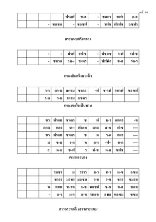 หน้า94
ฟรดฟ ซ-ล - ซลดร ซฟร ด-ล
- ซลซด - ซลซฟ - รฟซ ฟรฟซ ลซฟร
กระหนบตริงตรอง
- - ฟรฟ รฟ-ซ - ฟซลซ ร-ฟ รฟ-ซ
- ซมรด ลด-- รมดร - ฟฟฟล ซ-ล รด-ร
เพลงกันตรึงมาแล้ว
ร-ร ดร-ม ลดรม ซรดล -ฟ ซ-รฟ รซรฟ ซลซฟ
ร-ด ร-ม รดรม ลซมร
เพลงขอใจเป็นทาน
ซร ฟรดท ซทดร ซ ฟ ม-ร ดทดร -ท
ดดด ทดร -ด-- ฟรดท ดรด ล-ซ ฟ-ซ ----
ซร ฟรดท ซทดร ซ ม ร-ด ทดร ----
ม ซ-ม ร-ด ท ด-ร -ฟ-- ท-ด ----
ล ด-ล ซ-ฟ ร ฟ-ซ ด-ล ซฟซ ----
เขมรเอวบาง
รมซร ม รรรร ม-ร ท-ร ม-ซ ลซม
ซรรร มรทร มลซม ร-ท ร-ซ ซรร ซมรท
ท ททท รมรท ล-ซ ทลซฟ ซ-ซ ท-ล ซลท
- ล-ร ม-ร ล-ท รทลซ ลทล ทลซม ซซม
สาวกระทกกี่ (สาวกระแซ)/
 