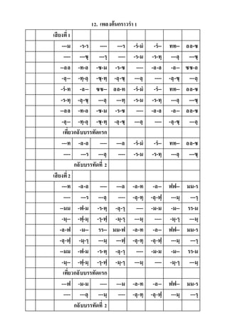 12. เพลงต้นกรำวรำ 1
เสียงที่1
---ม -ร-ร ---- ---ร -ร-ม -ร-- ทท-- ลล-ซ
---- ---ซฺ ---รฺ ---- -ร-ม -ร-ทฺ ---ลฺ ---ซฺ
--ลล -ท-ล -ซ-ม -ร-ซ ---- -ล-ล -ล-- ซซ-ล
-ลฺ-- -ทฺ-ลฺ -ซฺ-ทฺ -ลฺ-ซฺ ---ลฺ ---- -ลฺ-ซฺ ---ลฺ
-ร-ท -ล-- ซซ-- ลล-ท -ร-ม -ร-- ทท-- ลล-ซ
-ร-ทฺ -ลฺ-ซฺ ---ลฺ ---ทฺ -ร-ม -ร-ทฺ ---ลฺ ---ซฺ
--ลล -ท-ล -ซ-ม -ร-ซ ---- -ล-ล -ล-- ลล-ซ
-ลฺ-- -ทฺ-ลฺ -ซฺ-ทฺ -ลฺ-ซฺ ---ลฺ ---- -ลฺ-ซฺ ---ลฺ
เที่ยวกลับบรรทัดแรก
---ท -ล-ล ---- ---ล -ร-ม -ร-- ทท-- ลล-ซ
---- ---ร ---ลฺ ---- -ร-ม -ร-ทฺ ---ลฺ ---ซฺ
กลับบรรทัดที่ 2
เสียงที่2
---ท -ล-ล ---- ---ล -ล-ท -ล-- ฟฟ-- มม-ร
---- ---ร ---ลฺ ---- -ลฺ-ทฺ -ลฺ-ฟฺ ---มฺ ---รฺ
--มม -ฟ-ม -ร-ทฺ -ลฺ-รฺ ---- -ม-ม -ม-- รร-ม
-มฺ-- -ฟฺ-มฺ -รฺ-ฟฺ -มฺ-รฺ ---มฺ ---- -มฺ-รฺ ---มฺ
-ล-ฟ -ม-- รร-- มม-ฟ -ล-ท -ล-- ฟฟ-- มม-ร
-ลฺ-ฟฺ -มฺ-รฺ ---มฺ ---ฟฺ -ลฺ-ทฺ -ลฺ-ฟฺ ---มฺ ---รฺ
--มม -ฟ-ม -ร-ทฺ -ลฺ-รฺ ---- -ม-ม -ม-- รร-ม
-มฺ-- -ฟฺ-มฺ -รฺ-ฟฺ -มฺ-รฺ ---มฺ ---- -มฺ-รฺ ---มฺ
เที่ยวกลับบรรทัดแรก
---ฟ -ม-ม ---- ---ม -ล-ท -ล-- ฟฟ-- มม-ร
---- ---ลฺ ---มฺ ---- -ลฺ-ทฺ -ลฺ-ฟฺ ---มฺ ---รฺ
กลับบรรทัดที่ 2
 