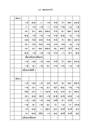14. เพลงกรำวรำ
ท่อน1
---ด -ท-ท ---- ---ท -ร-ม -ร-- ทท-- ลล-ซ
---- ---ม ---ทฺ ---- -ร-ม -ร-ทฺ ---ลฺ ---ซฺ
-ม-- รร-- มม-- ซซ-ล -ร-ท -ล-- ซซ-- ลล-ท
-ทฺ-ลฺ ---ทฺ ---ซฺ ---ลฺ -ร-ทฺ -ลฺ-ซฺ ---ลฺ ---ทฺ
--ลท -ร-ม -ม-ม -ร-ท -ร-ม -ร-- ทท-- ลล-ซ
-ซ-- -ร-ม -ซ-ม -ร-ทฺ -ร-ม -ร-ทฺ ---ลฺ ---ซฺ
-ม-- รร-- มม-- ซซ-ล -ซ-- ลท-ร -ม-ร -ท-ล
-ทฺ-ลฺ ---ทฺ ---ซฺ ---ลฺ -ร-ม ---ร -ม-ร -ทฺ-ลฺ
เที่ยวกลับบรรทัดแรก
---ซ --ลล ---ท --ลล -ร-ม -ร-- ทท-- ลล-ซ
---ซฺ -ลฺ-- ---ทฺ -ลฺ-- -ร-ม -ร-ทฺ ---ลฺ ---ซฺ
กลับบรรทัดที่ 2
ท่อน2
---ซ --ลล ---ท --ลล -ท-ร -ท-- ลล-- ซซ-ม
---ซฺ -ลฺ-- ---ทฺ -ลฺ-- -ทฺ-ร -ทฺ-ลฺ ---ซฺ ---ทฺ
--ซซ -ล-ร ---- รม-ซ -ร-ซ -ล-ท -ล-- ทท-ล
-ซฺ-- -ลฺ-ลฺ -ทฺ-ด ---ซฺ -ลฺ-ซฺ -ลฺ-ทฺ -ลฺ-ทฺ ---ลฺ
---ซ --ลล ---ท --ลล --มฟ -ล-- -ล-ฟ ----
---ซฺ -ลฺ-- ---ทฺ -ลฺ-- -ร-- ---ม -ร-- มร-ทฺ
--รร -ม-ลฺ ---- ลฺทฺ-ร -ลฺ-ร -ม-ฟ -ล-ฟ -ม-ร
-รฺ-- -มฺ-มฺ -ฟฺ-ซฺ ---รฺ -มฺ-รฺ -มฺ-ฟฺ -ลฺ-ฟฺ -มฺ-รฺ
กลับบรรทัดแรก
 
