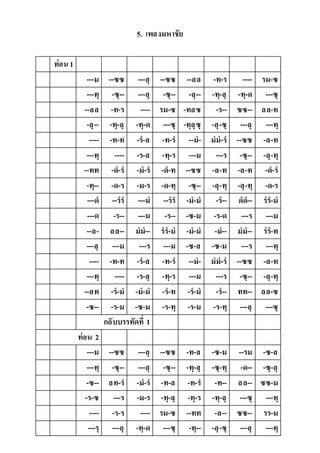 5. เพลงมหำชัย
ท่อน1
---ม --ซซ ---ลฺ --ซซ --ลล -ท-ร ---- รม-ซ
---ทฺ -ซฺ-- ---ลฺ -ซฺ-- -ลฺ-- -ทฺ-ลฺ -ทฺ-ด ---ซฺ
--ลล -ท-ร ---- รม-ซ -ทลซ -ร-- ซซ-- ลล-ท
-ลฺ-- -ทฺ-ลฺ -ทฺ-ด ---ซฺ -ทฺลฺซฺ -ลฺ-ซฺ ---ลฺ ---ทฺ
---- -ท-ท -ร-ล -ท-ร --ม- มม-ร --ซซ -ล-ท
---ทฺ ---- -ร-ล -ทฺ-ร ---ม ---ร -ซฺ-- -ลฺ-ทฺ
--ทท -ด-ร -ม-ร -ด-ท --ซซ -ล-ท -ล-ท -ด-ร
-ทฺ-- -ด-ร -ม-ร -ด-ทฺ -ซฺ-- -ลฺ-ทฺ -ลฺ-ทฺ -ด-ร
---ด --รร ---ม --รร -ม-ม -ร-- ดด-- รร-ม
---ด -ร-- ---ม -ร-- -ซ-ม -ร-ด ---ร ---ม
--ล- ลล-- มม-- รร-ม -ม-ม -ม-- มม-- รร-ท
---ลฺ ---ม ---ร ---ม -ซ-ล -ซ-ม ---ร ---ทฺ
---- -ท-ท -ร-ล -ท-ร --ม- มม-ร --ซซ -ล-ท
---ทฺ ---- -ร-ลฺ -ทฺ-ร ---ม ---ร -ซฺ-- -ลฺ-ทฺ
--ลท -ร-ม -ม-ม -ร-ท -ร-ม -ร-- ทท-- ลล-ซ
-ซ-- -ร-ม -ซ-ม -ร-ทฺ -ร-ม -ร-ทฺ ---ลฺ ---ซฺ
กลับบรรทัดที่ 1
ท่อน 2
---ม --ซซ ---ลฺ --ซซ -ท-ล -ซ-ม --รม -ซ-ล
---ทฺ -ซฺ-- ---ลฺ -ซฺ-- -ทฺ-ลฺ -ซฺ-ทฺ -ด-- -ซฺ-ลฺ
-ซ-- ลท-ร -ม-ร -ท-ล -ท-ร -ท-- ลล-- ซซ-ม
-ร-ซ ---ร -ม-ร -ทฺ-ลฺ -ทฺ-ร -ทฺ-ลฺ ---ซฺ ---ทฺ
---- -ร-ร ---- รม-ซ --ทท -ล-- ซซ-- รร-ม
---รฺ ---ลฺ -ทฺ-ด ---ซฺ -ทฺ-- -ลฺ-ซฺ ---ลฺ ---ทฺ
 