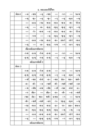 6. เพลงดอกไม้ไทร
ท่อน1 ---ม --ซซ ---ลฺ --ซซ ---- -ร-ร ---- รม-ซ
---ทฺ -ซฺ-- ---ลฺ -ซฺ-- ---รฺ ---ลฺ -ทฺ-ด ---ซฺ
---- -ม-ม --รม -ซ-ล -ท-ล -ซ-ล -ท-- รร-ท
---มฺ ---- -ด-- -ซฺ-ลฺ -ทฺ-ลฺ -ซฺ-ลฺ -ทฺ-ร ---ทฺ
---- -ร-- -ท-ท ---ล -ท-ล -ซ-ล -ท-- รร-ท
---- -ร-ท ---- ---ลฺ -ทฺ-ลฺ -ซฺ-ลฺ -ทฺ-ร ---ทฺ
---- -ม-ม --รม -ซ-ล -ซ-- ลท-ร -ม-ร -ท-ล
---มฺ ---- -ด-- -ซฺ-ลฺ -ร-ซ ---ร -ม-ร -ทฺ-ลฺ
เที่ยวกลับบรรทัดแรก
-ร-ซ -ล-ท -ร-ท -ล-ซ ---- -ร-ร ---- รม-ซ
-ลฺ-ซฺ -ลฺ-ทฺ -ร-ทฺ -ล-ซฺ ---รฺ ---ลฺ -ทฺ-ด ---ซฺ
กลับบรรทัดที่ 2
ท่อน 2
-ร-ซ -ล-ท -ร-ท -ล-ซ ---- -ร-ร ---- รม-ซ
-ลฺ-ซฺ -ลฺ-ทฺ -ร-ทฺ -ลฺ-ซฺ ---รฺ ---ลฺ -ทฺ-ด ---ซฺ
---ฟ --ซล -ด-ด -ล-- --ซล ดล-- ซล-- ซฟ--
-ด-- -ฟ-- ---ล --ซฟ -ฟ-- --ซฟ --ซฟ --มร
---ซ --ฟซ --ลซ --ฟซ ---ฟ --ซล -ด-ด -ล--
--ร- ฟม-- ---- ฟม-- -ด-- -ฟ-- ---ล --ซฟ
--ซล ดล-- ซล-- ซฟ-- ม-ซม ---ร ---- รม-ซ
-ฟ-- --ซฟ --ซฟ --มร -ร-- รทฺ-ลฺ -ทฺ-ด ---ซฺ
--รม -ซ-ล -ท-ล -ซ-ม -ม-- รร-- มม-- ซซ-ล
-ด-- -ซฺ-ลฺ -ทฺ-ลฺ -ซฺ-ทฺ -ทฺ-ลฺ ---ทฺ ---ซฺ ---ลฺ
---- -ล-ล -ท-ซ -ล-ท -ซ-- ลท-ร -ม-ร -ท-ล
---ลฺ ---- -ทฺ-ซฺ -ลฺ-ทฺ -ร-ซ ---ร -ม-ร -ทฺ-ลฺ
กลับบรรทัดแรก
 