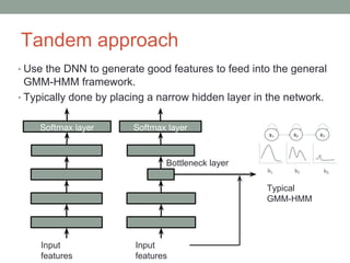 Tandem approach
• Use the DNN to generate good features to feed into the general
GMM-HMM framework.
• Typically done by placing a narrow hidden layer in the network.
Bottleneck layer
Input
features
Input
features
Typical
GMM-HMM
 