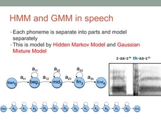HMM and GMM in speech
• Each phoneme is separate into parts and model
separately
• This is model by Hidden Markov Model and Gaussian
Mixture Model
 
