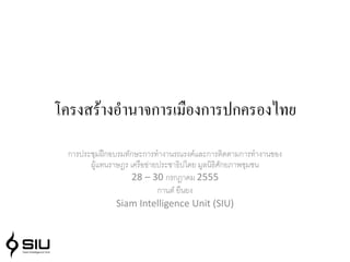 โครงสร้างอานาจการเมืองการปกครองไทย
การประชุมฝึกอบรมทักษะการทางานรณรงค์และการติดตามการทางานของ
ผู้แทนราษฎร เครือข่ายประชาธิปไตย มูลนิธิศักยภาพชุมชน
28 – 30 กรกฎาคม 2555
กานต์ ยืนยง
Siam Intelligence Unit (SIU)
 