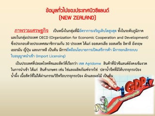 ข้อมูลทั่วไปของประเทศนิวซีแลนด์
(NEW ZEALAND)
ภาพรวมเศรษฐกิจ เป็นหนึ่งในกลุ่มที่มีอัตราการเจริญเติบโตสูงสุด ทั้งในระดับภูมิภาค
และในกลุ่มประเทศ OECD (Organization for Economic Cooperation and Development)
ซึ่งประกอบด้วยประเทศสมาชิกรวมกัน 30 ประเทศ ได้แก่ ออสเตรเลีย ออสเตรีย อิตาลี อังกฤษ
เยอรมัน ญี่ปุ่น และเกาหลี เป็นต้น มีการยึดถือนโยบายการเปิดเสรีการค้า มีการยกเลิกระบบ
ใบอนุญาตน่าเข้า (Import Licensing)
เป็นประเทศที่ปลอดโรคพืชและสัตว์ที่เรียกว่า เขต Agridome สินค้าที่นิวซีแลนด์ยังคงเข้มงวด
ในการน่าเข้า ได้แก่ สินค้าเกษตร เช่น ไข่และผลิตภัณฑ์จากไข่ ปลาน้่าจืดที่มิได้บรรจุกระป๋อง
น้่าผึ้ง เนื้อสัตว์ที่ไม่ได้ผ่านกรรมวิธีหรือบรรจุกระป๋อง ผักและผลไม้ เป็นต้น
 