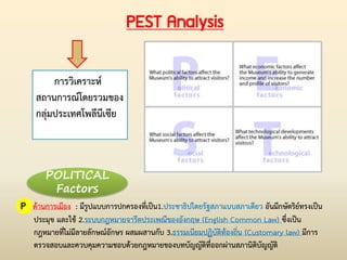 PEST Analysis
P ด้านการเมือง : มีรูปแบบการปกครองที่เป็น1.ประชาธิปไตยรัฐสภาแบบสภาเดียว อันมีกษัตริย์ทรงเป็น
ประมุข และใช้ 2.ระบบกฎหมายจารีตประเพณีของอังกฤษ (English Common Law) ซึ่งเป็น
กฎหมายที่ไม่มีลายลักษณ์อักษร ผสมผสานกับ 3.ธรรมเนียมปฏิบัติท้องถิ่น (Customary law) มีการ
ตรวจสอบและควบคุมความชอบด้วยกฎหมายของบทบัญญัติที่ออกผ่านสภานิติบัญญัติ
POLITICAL
Factors
การวิเคราะห์
สถานการณ์โดยรวมของ
กลุ่มประเทศโพลีนีเซีย
 