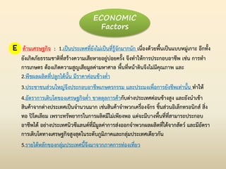 E ด้านเศรษฐกิจ : 1.เป็นประเทศที่ยังไม่เป็นที่รู้จักมากนัก เนื่องด้วยพื้นเป็นแบบหมู่เกาะ อีกทั้ง
ยังเกิดภัยธรรมชาติที่สร้างความเสียหายอยู่บ่อยครั้ง จึงท่าให้การประกอบอาชีพ เช่น การท่า
การเกษตร ต้องเกิดความสูญเสียมูลค่ามหาศาล พื้นที่หน้าดินจึงไม่มีคุณภาพ และ
2.พืชผลผลิตที่ปลูกได้นั้น มีราคาค่อนข้างต่่า
3.ประชาชนส่วนใหญ่จึงประกอบอาชีพเกษตรกรรม และประมงเพื่อการยังชีพเท่านั้น ท่าให้
4.อัตราการเติบโตของเศรษฐกิจต่่า ขาดดุลการค้ากับต่างประเทศค่อนข้างสูง และยังน่าเข้า
สินค้าจากต่างประเทศเป็นจ่านวนมาก เช่นสินค้าจ่าพวกเครื่องจักร ชิ้นส่วนอิเล็กทรอนิกส์ สิ่ง
ทอ ปิโตเลียม เพราะทรัพยากรในการผลิตมีไม่เพียงพอ แต่จะมีบางพื้นที่ที่สามารถประกอบ
อาชีพได้ อย่างประเทศนิวซีแลนด์ที่มีมูลค่าการส่งออกจ่าพวกผลผลิตที่ได้จากสัตว์ และมีอัตรา
การเติบโตทางเศรษฐกิจสูงสุดในระดับภูมิภาคและกลุ่มประเทศเดียวกัน
5.รายได้หลักของกลุ่มประเทศนี้จึงมาจากภาคการท่องเที่ยว
ECONOMIC
Factors
 