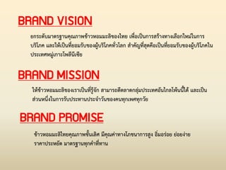 BRAND VISION
ยกระดับมาตรฐานคุณภาพข้าวหอมมะลิของไทย เพื่อเป็นการสร้างทางเลือกใหม่ในการ
บริโภค และให้เป็นที่ยอมรับของผู้บริโภคทั่วโลก ส่าคัญที่สุดคือเป็นที่ยอมรับของผู้บริโภคใน
ประเทศหมู่เกาะโพลีนีเซีย
BRAND MISSION
ให้ข้าวหอมมะลิของเราเป็นที่รู้จัก สามารถตีตลาดกลุ่มประเทศอันไกลโพ้นนี้ได้ และเป็น
ส่วนหนึ่งในการรับประทานประจ่าวันของคนทุกเพศทุกวัย
BRAND PROMISE
ข้าวหอมมะลิไทยคุณภาพชั้นเลิศ มีคุณค่าทางโภชนาการสูง อิ่มอร่อย ย่อยง่าย
ราคาประหยัด มาตรฐานทุกค่าที่ทาน
 