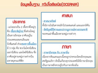 ประชากร
: แบ่งออกเป็น 2 เชื้อชาติใหญ่ๆ
คือ เชื้อชาติยุโรป ซึ่งส่วนใหญ่
เป็นชาวอังกฤษ อาศัยอยู่ใน
ประเทศออสเตรเลียและ
นิวซีแลนด์ ส่วนชนชาวพื้นเมือง
มี 3 กลุ่ม คือ พวกไมโครนีเซียน
เมลานีเซียน และโพลีนีเซียน ซึ่ง
อาศัยอยู่ตามหมู่เกาะต่างๆใน
มหาสมุทรแปซิฟิก
ภาษา
: ภาษาอังกฤษ กับ ภาษาถิ่น
เนื่องจากดินแดนแถบนี้เคยถูกปกครองโดยอังกฤษและ
สหรัฐอเมริกา ดังนั้นเกือบทุกประเทศจึงใช้ภาษาอังกฤษ
เป็นภาษาหลักควบคู่ไปกับภาษาท้องถิ่น
ศาสนา
: ศาสนาคริสต์
ทั้งนิกายโรมันคาทอลิกโปรเตสแตนต์ และแองกลิคัน
: ลัทธิภูตผีปีศาจและปรากฏการณ์ทางธรรมชาติ
ของชนเผ่าพื้นเมืองตามหมู่เกาะต่างๆ
ข้อมูลพื้นฐาน ทวีปโอเชียเนีย(OCEANIA)
 
