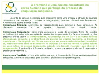 A Trombina é uma enzima encontrada no
                  corpo humano que participa do processo de
                  coagulação sanguínea.

       A perda de sangue é encarada pelo organismo como uma ameaça e através de diversos
mecanismos ele começa a combater o sangramento, processo denominado hemostasia.
A hemostasia ocorre em três fases:
Hemostasia Primária: ocorrência da vasoconstrição para diminuir o fluxo sanguíneo. As
plaquetas    começam       a     se    agregar,    formando   um      tampão      inicial.

Hemostasia Secundária: parte mais complexa e longa do processo. Série de reações
enzimáticas iniciadas pela formação da tromboplastina pela ação dos fatores plasmáticos, das
plaquetas ou do tecido. A tromboplastina, na presença de íon Ca++ e de outros fatores
plasmáticos, converte a protrombina do plasma na enzima trombina. A trombina
transforma o fibrinogênio em fibrina, e esta por ser uma proteína insolúvel, precipita-
se, formando uma rede de filamentos. O depósito da rede de fibrina na parte lesada
do vaso retém as células sanguíneas, criando um tampão (trombo) que obstrui o
sangramento. A protombina é formada no fígado, e para que ocorra a síntese é necessária a
presença da vitamina K.

Hemostasia Terciária: ocorre a fibrinólise, ou seja, a dissolução de fibrina, reativando o fluxo
sanguíneo. A fibrina é degradada pela plasmina, proveniente do plasminogênio.
 