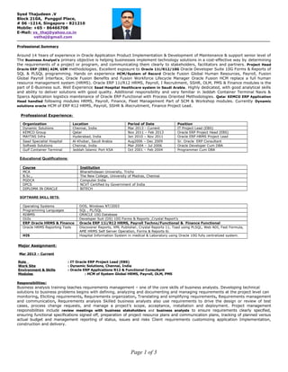 Professional Summary
Around 14 Years of experience in Oracle Application Product Implementation & Development of Maintenance & support senior level of
The Business Analyst’s primary objective is helping businesses implement technology solutions in a cost-effective way by determining
the requirements of a project or program, and communicating them clearly to stakeholders, facilitators and partners. Project Head
Oracle ERP (EBS) AIM, UIM methodologies. Excellent exposure to Oracle 11i/R12/10G Oracle Developer Suite 10G Forms & Reports of
SQL & PLSQL programming. Hands on experience HCM/System of Record Oracle Fusion Global Human Resources, Payroll, Fusion
Global Payroll Interface, Oracle Fusion Benefits and Fusion Workforce Lifecycle Manager Oracle Fusion HCM replace a full human
resource management system (HRMS). Oracle ERP 11i/R12 HRMS, Payroll, I Recruitment, SSHR, OLM, PMS & Finance modules is the
part of E-Business suit. Well Experience Saad Hospital Healthcare system in Saudi Arabia. Highly dedicated, with good analytical skills
and ability to deliver solutions with good quality. Additional responsibility and very familiar in Jeddah Container Terminal Navis &
Sparcs Application logistics maintenance of Oracle ERP Functional with Process Oriented Methodologies. Qatar KEMCO ERP Application
Head handled following modules HRMS, Payroll, Finance, Fleet Management Part of SCM & Workshop modules. Currently Dynamic
solutions oracle HCM of ERP R12 HRMS, Payroll, SSHR & iRecruitment, Finance Project Lead.
Professional Experience:
Organization Location Period of Date Position
Dynamic Solutions Chennai, India Mar 2013 - Current IT Project Lead (EBS)
KEMCO Group Qatar Nov 2011 – Feb 2013 Oracle ERP Project Head (EBS)
MAYTAS Infra Hyderabad, India Jan 2010 – Nov 2011 Oracle ERP HRMS Project Lead
Saad Specialist Hospital Al-Khobar, Saudi Arabia Aug2006 – Dec 2009 Sr. Oracle ERP Consultant
Softweb Solutions Chennai, India Mar 2004 – Jul 2006 Oracle Developer Cum DBA
Gulf Container Terminal Jeddah Islamic Port KSA Oct 2001 – Feb 2004 Programmer Cum DBA
Educational Qualifications:
Course Institution
MCA Bharathidasan University, Trichy
B.Sc., The New College, University of Madras, Chennai
PGDCA Computer India
DPCS NCVT Certified by Government of India
DIPLOMA IN ORACLE BITECH
SOFTWARE SKILL SETS:
Operating Systems DOS, Windows NT/2003
Programming Languages SQL , PL/SQL
RDBMS ORACLE 10G Database
GUIs Developer Suit (DS) 10G Forms & Reports ,Crystal Report’s
ERP Oracle HRMS & Finance Oracle ERP 11i/R12 HRMS, Payroll Techno/Functional & Finance Functional
Oracle HRMS Reporting Tools Discoverer Reports, XML Publisher, Crystal Reports 11, Toad using PLSQL, Web ADI, Fast Formula,
AME HRMS Self Server Operation, Forms & Reports 6i.
HIS Hospital Information System in medical & Laboratory using Oracle 10G fully centralized system.
Major Assignment:
Mar 2013 – Current
Role : IT Oracle ERP Project Lead (EBS)
Work Site : Dynamic Solutions, Chennai, India
Environment & Skills : Oracle ERP Applications R12 & Functional Consultant
Modules : HCM of System Global HRMS, Payroll, OLM, PMS
Responsibilities:
Business analysis training teaches requirements management – one of the core skills of business analysts. Developing technical
solutions to business problems begins with defining, analyzing and documenting and managing requirements at the project level can
monitoring, Eliciting requirements, Requirements organization, Translating and simplifying requirements, Requirements management
and communication, Requirements analysis Skilled business analysts also use requirements to drive the design or review of test
cases, process change requests, and manage a project’s scope, acceptance, installation and deployment. Project management
responsibilities include review meetings with business stakeholders and business analysts to ensure requirements clearly specified,
ensuring functional specifications signed off, preparation of project resource plans and communication plans, tracking of planned versus
actual budget and management reporting of status, issues and risks Client requirements customizing application Implementation,
construction and delivery.
Page 1 of 3
Syed Thajudeen .V
Block 210A, Punggol Place,
# 06 -1214, Singapore - 821210
Mobile: +65 - 86466708
E-Mail: vs_thaj@yahoo.co.in
vsthaj@gmail.com
 
