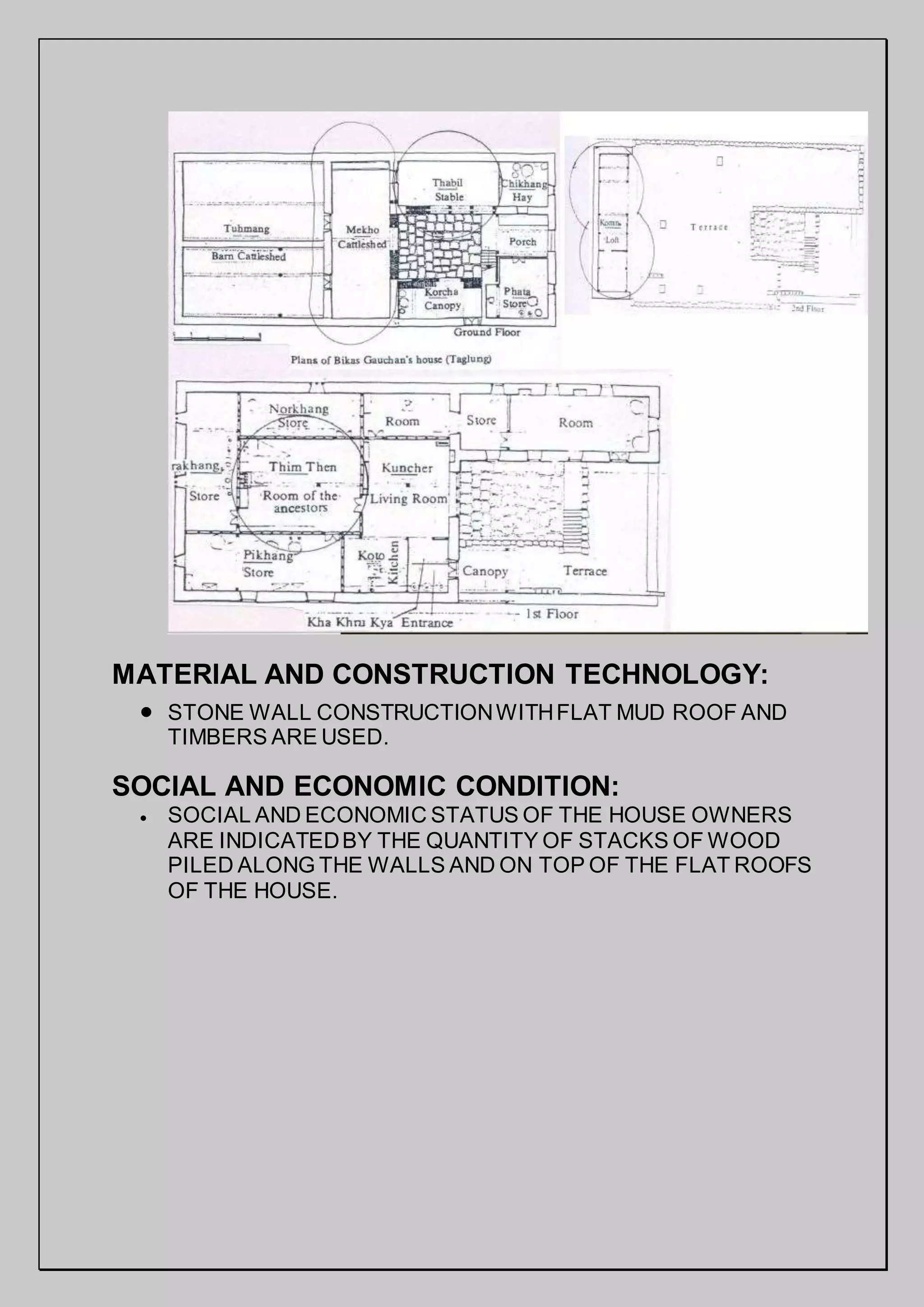 MATERIAL AND CONSTRUCTION TECHNOLOGY:
 STONE WALL CONSTRUCTIONWITHFLAT MUD ROOF AND
TIMBERS ARE USED.
SOCIAL AND ECONOMIC CONDITION:
 SOCIAL AND ECONOMIC STATUS OF THE HOUSE OWNERS
ARE INDICATEDBY THE QUANTITY OF STACKS OF WOOD
PILED ALONG THE WALLS AND ON TOP OF THE FLAT ROOFS
OF THE HOUSE.
 