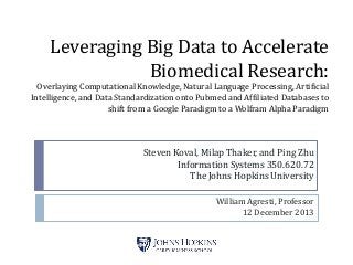 Leveraging Big Data to Accelerate
Biomedical Research:
Overlaying Computational Knowledge, Natural Language Processing, Artificial
Intelligence, and Data Standardization onto Pubmed and Affiliated Databases to
shift from a Google Paradigm to a Wolfram Alpha Paradigm

Steven Koval, Milap Thaker, and Ping Zhu
Information Systems 350.620.72
The Johns Hopkins University
William Agresti, Professor
12 December 2013

 