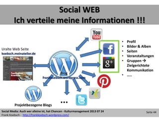 Social Media: Auch wer alleine ist, hat Chancen - Kulturmanagement 2013 07 24
Frank Koebsch - http://frankkoebsch.wordpress.com/
Seite 44
Social WEB
Ich verteile meine Informationen !!!
• Profil
• Bilder & Alben
• Seiten
• Veranstaltungen
• Gruppen 
Zielgerichtete
Kommunikation
• …..
Uralte Web Seite
koebsch.meinatelier.de
...Projektbezogene Blogs
Blog
frankkoebsch.wordpress.com
 