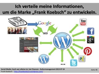 Social Media: Auch wer alleine ist, hat Chancen - Kulturmanagement 2013 07 24
Frank Koebsch - http://frankkoebsch.wordpress.com/
Seite 48
Ich verteile meine Informationen,
um die Marke „Frank Koebsch“ zu entwickeln.
...
SEO
 