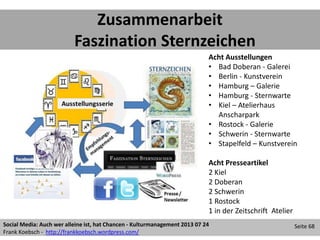 Social Media: Auch wer alleine ist, hat Chancen - Kulturmanagement 2013 07 24
Frank Koebsch - http://frankkoebsch.wordpress.com/
Seite 68
Zusammenarbeit
Faszination Sternzeichen
Acht Ausstellungen
• Bad Doberan - Galerei
• Berlin - Kunstverein
• Hamburg – Galerie
• Hamburg - Sternwarte
• Kiel – Atelierhaus
Anscharpark
• Rostock - Galerie
• Schwerin - Sternwarte
• Stapelfeld – Kunstverein
Acht Presseartikel
2 Kiel
2 Doberan
2 Schwerin
1 Rostock
1 in der Zeitschrift Atelier
 