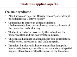 Thalamus applied aspects
Thalamic syndrome
 Also known as "Dejerine-Roussy disease", after Joseph
jules dejerine & Gustave Roussy
 Caused due to infarct in geniculothalamic
(thalamogeniculate, posterolateral) artery, a branch of
the posterior cerebral artery.
 Thalamic structures involved by the infarct are the
posteroventral and the posterolateral nuclei.
 The clinical hallmark is a pansensory loss contralateral
to the lesion, paresthesia, and thalamic pain.
 Transient hemiparesis, homonymous hemianopsia,
hemiataxia, tremor, choreiform movements, and spatial
neglect, all contralateral to the lesion in the thalamus
 