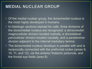 • Of the medial nuclear group, the dorsomedial nucleus is
the most highly developed in humans.
• In histologic sections stained for cells, three divisions of
the dorsomedial nucleus are recognized: a dorsomedial
magnocellular division located rostrally, a dorsolateral
parvicellular division located caudally, and a paralaminar
division adjacent to the internal medullary lamina.
• The dorsomedial nucleus develops in parallel with and is
reciprocally connected with the prefrontal cortex (areas 9,
10, 11, and 12), via the anterior thalamic peduncle, and
the frontal eye fields (area 8)
 