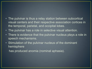 • The pulvinar is thus a relay station between subcortical
visual centers and their respective association cortices in
the temporal, parietal, and occipital lobes.
• The pulvinar has a role in selective visual attention.
• There is evidence that the pulvinar nucleus plays a role in
speech mechanisms.
• Stimulation of the pulvinar nucleus of the dominant
hemisphere
has produced anomia (nominal aphasia).
 