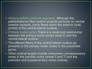 • Globus pallidus (internal segment) Although the
pallidothalamic fiber system projects primarily on ventral
anterior neurons, some fibers reach the anterior (oral)
portion of the ventral lateral nucleus.
• Primary motor cortex There is a reciprocal relationship
between the primary motor cortex (area 4) and the
ventral lateral nucleus
• The efferent fibers of the ventral lateral nucleus go
primarily to the primary motor cortex in the precentral
gyrus.
• Other cortical targets include nonprimary somatosensory
areas in the parietal cortex (areas 5 and 7) and the
premotor and supplementary motor cortices
 