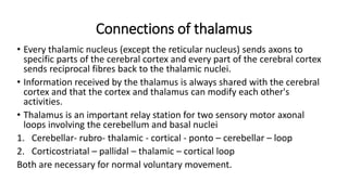 Connections of thalamus
• Every thalamic nucleus (except the reticular nucleus) sends axons to
specific parts of the cerebral cortex and every part of the cerebral cortex
sends reciprocal fibres back to the thalamic nuclei.
• Information received by the thalamus is always shared with the cerebral
cortex and that the cortex and thalamus can modify each other's
activities.
• Thalamus is an important relay station for two sensory motor axonal
loops involving the cerebellum and basal nuclei
1. Cerebellar- rubro- thalamic - cortical - ponto – cerebellar – loop
2. Corticostriatal – pallidal – thalamic – cortical loop
Both are necessary for normal voluntary movement.
 