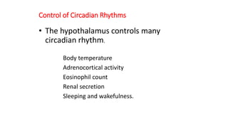 Control of Circadian Rhythms
• The hypothalamus controls many
circadian rhythm.
Body temperature
Adrenocortical activity
Eosinophil count
Renal secretion
Sleeping and wakefulness.
 