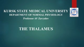 KURSK STATE MEDICAL UNIVERSITY
DEPARTMENT OF NORMAL PHYSIOLOGY
Professor AV Zavyalov
THE THALAMUS
 