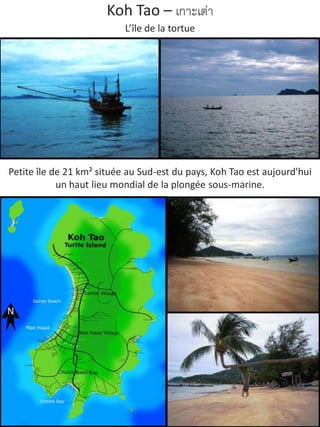 Koh Tao – เกาะเต่า
                           L’île de la tortue




Petite île de 21 km² située au Sud-est du pays, Koh Tao est aujourd'hui
            un haut lieu mondial de la plongée sous-marine.
 