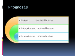 Ad vitam : dubia ad bonam
Ad fungsionam : dubia ad bonam
Ad sanationam : dubia ad malam
Prognosis
 