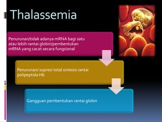 Thalassemia
Penurunan/tidak adanya mRNA bagi satu
atau lebih rantai globin/pembentukan
mRNA yang cacat secara fungsional
Penurunan/ supresi total sintesis rantai
polipeptida Hb
Gangguan pembentukan rantai globin
 
