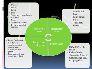 • MCV, MCH, Hb
rendah
• Elektroforesis
Thalasmia β mayor
• Gambaran sel darah
tepi yang khas
• Facies Cooley (+)
• HatiTeraba
membesar 4 jari
dibawa arcus
costae, perkusi
pekak
• Pembesaran limpa
di titik 3 schuffner
• Lemah, letih,
lesu
• Perut buncit
• Pucat
• Tidak mau
makan
• Demam
• Lemah
• Letih
• Lesu
• Sakit perut, perut buncit
dan keras,
• Pucat
• Tidak nafsu makan
• Riwayat transfusi
berulang
Anamnesis
pasien
Manifestasi
klinis
pemeriksaan
Pemeriksaan
fisik pasien
 