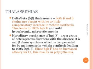 17
February11,2012
THALASSEMIAS
Delta/beta (δ/β) thalassemia – both δ and β
chains are absent with no or little
compensatory increase in γ chain synthesis.
This leads to 100% hgb F and mild
hypochromic, microcytic anemia
Hereditary persistence of hgb F – are a group
of heterogenous disorders with the absence of δ
and β chain synthesis which is compensated
for by an increase in γ chain synthesis leading
to 100% hgb F. Since hgb F has an increased
affinity for O2, this results in polycythemia.
 