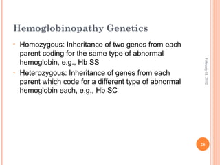 28
February11,2012
Hemoglobinopathy Genetics
• Homozygous: Inheritance of two genes from each
parent coding for the same type of abnormal
hemoglobin, e.g., Hb SS
• Heterozygous: Inheritance of genes from each
parent which code for a different type of abnormal
hemoglobin each, e.g., Hb SC
 