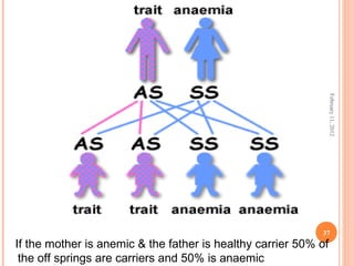 37
February11,2012
If the mother is anemic & the father is healthy carrier 50% of
the off springs are carriers and 50% is anaemic
 