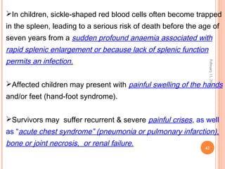 42
February11,2012
In children, sickle-shaped red blood cells often become trapped
in the spleen, leading to a serious risk of death before the age of
seven years from a sudden profound anaemia associated with
rapid splenic enlargement or because lack of splenic function
permits an infection.
Affected children may present with painful swelling of the hands
and/or feet (hand-foot syndrome).
Survivors may suffer recurrent & severe painful crises, as well
as “acute chest syndrome” (pneumonia or pulmonary infarction),
bone or joint necrosis, or renal failure.
 