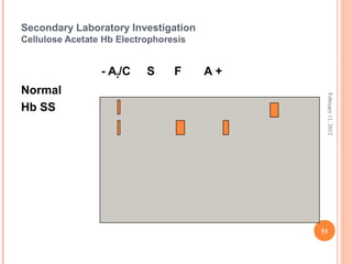 51
February11,2012
Secondary Laboratory Investigation
Cellulose Acetate Hb Electrophoresis
- A2/C S F A +
Normal
Hb SS
 
