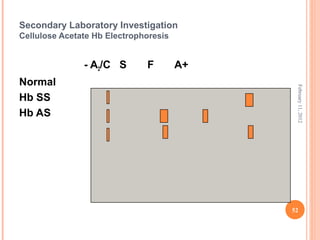 52
February11,2012
Secondary Laboratory Investigation
Cellulose Acetate Hb Electrophoresis
- A2/C S F A+
Normal
Hb SS
Hb AS
 