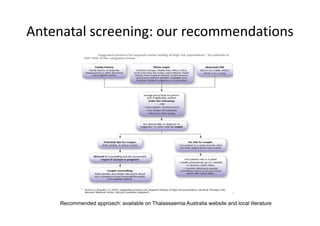 Antenatal screening: our recommendations 
Antenatal screening: our recommendations




     Recommended approach: available on Thalassaemia Australia website and local literature
 
