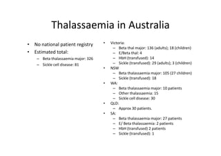 Thalassaemia in Australia
            Thalassaemia in Australia
•   No national patient registry
               l                      •   Victoria:
                                           – Beta thal major: 136 (adults); 18 (children)
•   Estimated total:                       – E/Beta thal: 4
     – Beta thalassaemia major: 326
                               j           – HbH (transfused): 14
     – Sickle cell disease: 81             – Sickle (transfused): 29 (adults); 3 (children)
                                      •   NSW
                                           – Beta thalassaemia major: 105 (27 children)
                                           – Sickle (transfused): 18
                                               Sickle (transfused): 18
                                      •   WA:
                                           – Beta thalassaemia major: 10 patients
                                           – Other thalassaemia: 15
                                           – Sickle cell disease: 30 
                                      •   QLD:
                                           – Approx 30 patients. 
                                      •   SA:
                                           – Beta thalassaemia major: 27 patients
                                           – E/ Beta thalassaemia: 2 patients
                                           – HbH (transfused) 2 patients
                                           – Sickle (transfused): 1
 