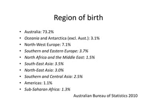 Region of birth
                    Region of birth
•   Australia: 73.2%
•   Oceania and Antarctica (excl. Aust.): 3.1%
•   North‐West Europe: 7.1%
•   Southern and Eastern Europe: 3.7%
•   North Africa and the Middle East: 1.5%
•   South‐East Asia: 3.5%
•   North‐East Asia: 3.0%
•   Southern and Central Asia: 2.5%
•   Americas: 1.1%
•   Sub‐Saharan Africa: 1.3%
                               Australian Bureau of Statistics 2010
 