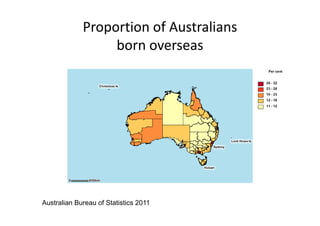 Proportion of Australians 
                  born overseas




Australian Bureau of Statistics 2011
 