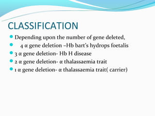 CLASSIFICATION
Depending upon the number of gene deleted,
   4 α gene deletion –Hb bart’s hydrops foetalis
3 α gene deletion- Hb H disease
2 α gene deletion- α thalassaemia trait
1 α gene deletion- α thalassaemia trait( carrier)
 