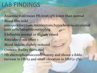 LAB FINDINGS
Anaemia mild:mean Hb level 15% lower than normal
Blood film:mild
 anisopoikilocytosis,microcytosis,hypochromia,occational
 taret cells,basophilicnstippling
S.bilirubin normal or slightly raised
Reticulocytosis often +
Blood indices slightly reduced
Osmotic fraility decreased
Hb electrophoresis:confirmatory and shows 2-folds
 increase in HbA2 and small elevation in HbF(2-3%)
 